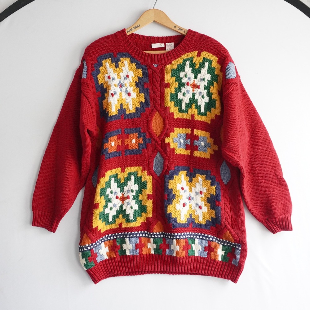 VTG‎ Huntington Ridge Red Geometric Novelty Cable Knit Sweater Teacher Grandma M